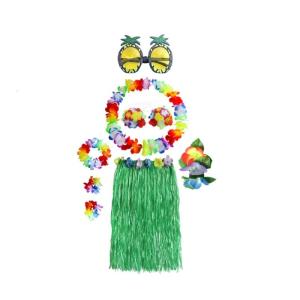 8Pcs Hawaiian Luaus Hulas Grass Skirt with Flower Costume Set Flower Bracelets Headband Necklace for Womens Girls