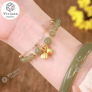 Viviann Original High Quality Hetian Jade Qingshui Bracelet Lotus Pendant Girls Jewelry Vintage Charms Bracelets for Women Crystal Beads Charm Bracelet 14k gold plated Gold Bangles