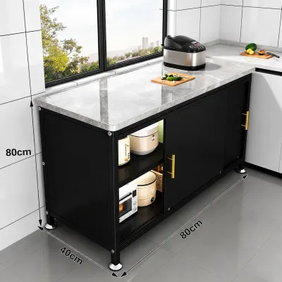 Kitchen Storage Cabinet Rock Board Countertop Storage Rack Organizer Sliding Door Carbon Steel Dustproof Cabinet