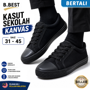 B.BEST ORIGINAL Kasut Sekolah Hitam Tali School Shoes Black Canvas Shoe Lace Unisex 校鞋 黑色