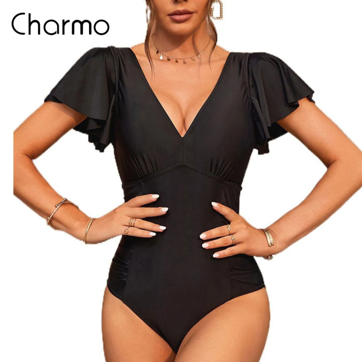 Deep V solid color one-piece swimsuit