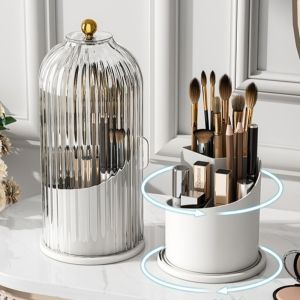 KINTHAZER ป้องกันฝุ่น ที่ใส่แปรงแต่งหน้าพร้อมฝาปิด 360 ° หมุน ความจุขนาดใหญ่ กล่องเก็บดินสอเขียนคิ้ว ถังเก็บของ โปร่งใส ที่จัดระเบียบเครื่องสำอางหรูหรา สำหรับโต๊ะเครื่องแป้ง