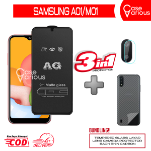 Paket 3in1 Tempered Glass Matte Anti Glare Samsung A01 M01 Free Tempered Camera dan Skin