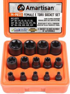 Amartisan 14 Pc Female E-Torx Star Socket Set/Rail 1/4" 3/8" 1/2" Drive E24 External Torque Socket Set