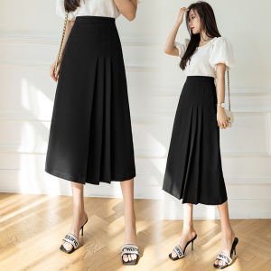 YIGE Mid-length pleated skirt womens 2023 autumn new high-waisted A-line black suit long skirt Korean version all-match work skirt
