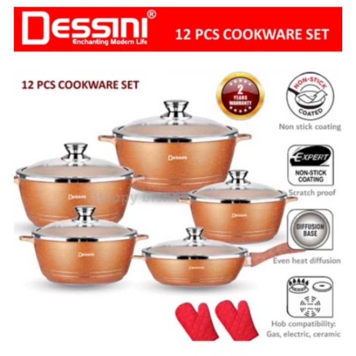 Original Dessini 12 PCS Italy Non Stick Granite Cooking Pot Frying