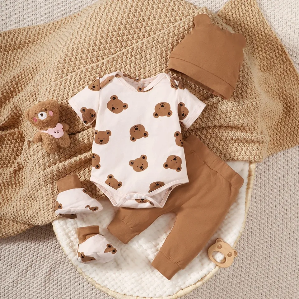 0 9 Months Newborn Baby Boy 4PICS Clothes Suit Lovely Bear Print