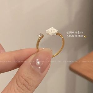 [Ready Stock+COD] INS Style Sweet White Rose Camellia Opening Ring Women Girls Elegant Exquisite Adjustable Shinning Finger Ring