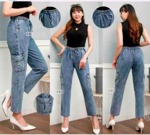 Celana Jeans Wanita - Celana Highwaist Cargo Jeans Wanita Kantong Samping Alexa Pant Premium