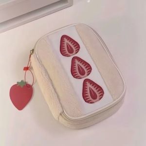 Strawberry Plush Cosmetic Bag Women Travel Wash Bag Handheld Large Capacity Skincare Organizer Cute Makeup Organizer Bags