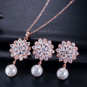 SEQUITO Elegant Dinner Party Pendant Necklace Dangle Earrings Sets Exquisite Women White Gold Color Paved Sparkly AAA Cubic Zircon Flower Pearl Drop Jewelry Set for Lady SJ298