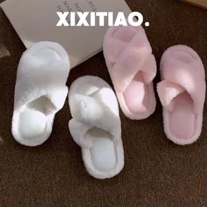 WY-XIXITIAO แฟชั่นครอสสไตล์มินิมอลใหม่รองเท้าแตะผ้าฝ้ายบ้านฤดูใบไม้ร่วงฤดูหนาวอบอุ่นสบายกลางแจ้งรองเท้าแตะขนสบายสำหรับผู้หญิง