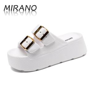 MIRANO new hot style 8321-1 simple fashion gold two strap imitation leather high quality womens rubber slippers sandals Open Toe 5-8cm Footwear Shoes Girl Walking Shoes Summer Casual Comfortable height increasing adjustable strap slip ons