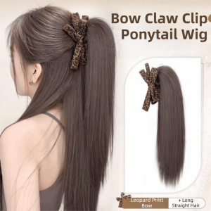 HUNIU Elegant Bow Claw Clip Ponytail Wig Synthetic with Grab Clip Leopard Print Pony Tail Hair Piece Trendy Natural Long Straight Layered Ponytail For Women