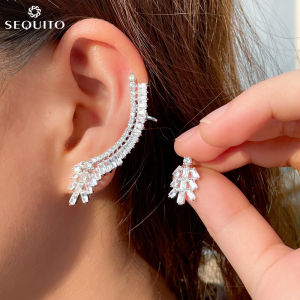 SEQUITO Personality Asymmetric Cuff Earrings Pave Baguette Cubic Zirconia Unique Trendy Clip on Ear Stud Earring for Women Popular Jewelry SE508