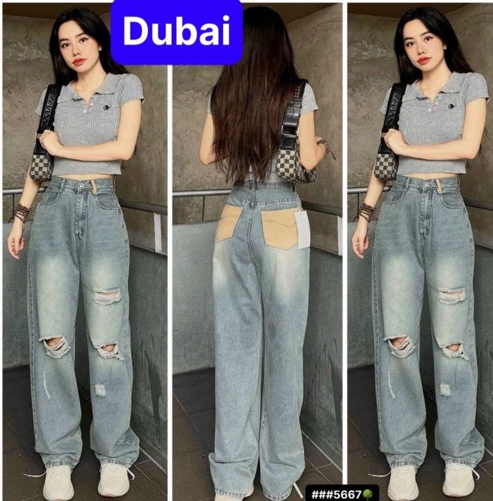 QUẦN JEAN NỮ BAGGY ỐNG SUÔNG XANH RÁCH TÚI VÀNG LƯNG CAO NÂNG MÔNG ...