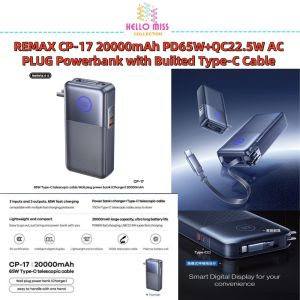 REMAX CP-17 20000mAh PD65W+QC22.5W AC PLUG ADAPTER POWERBANK WITH RETRACTABLE TYPE-C CABLE FOR UK PLUG