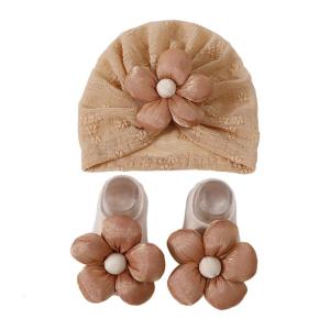 Baby Girls Turban Hat with Flower Accent Newborns Bonnet 0-12 Month Infant Hospital Caps with Socks Toddler Shower Gift