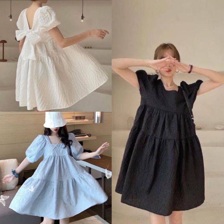 Đầm Babydoll Nữ Nơ Ngực 🦋 Váy Nữ Tay Bồng Dáng Suông 2 Màu 🦋 - Váy Fashion