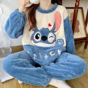 Anime Stitch Coral Plush Sleepwear for Womens Cute Cartoon Flannel Warm Home Fur Sleeping Pajamas Set Y2K Girls Harajuku Pjs