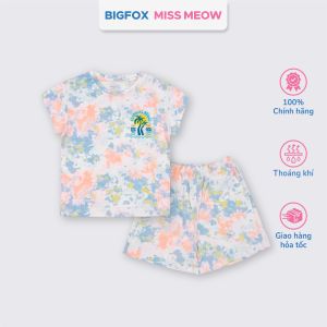 Bộ cotton bé gái Bigfox Miss Meow size đại cộc tay mùa hè in loang đẹp cỡ 36911 tuổi 30kg 40kg