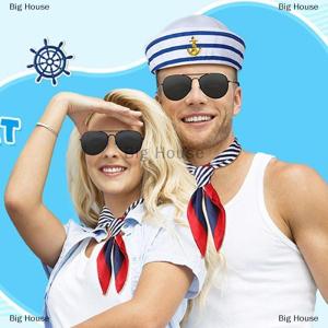 [COD] Big House ชุดหมวกกะลาสีผ้าพันคอสี่เหลี่ยมผืนเล็กสำหรับผู้หญิงผ้าพันคอซาตินลายทางสำหรับพนักงานต้อนรับบนเรือ