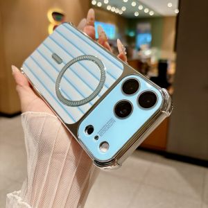 Corrugated Pattern Plating Bumper Magnetic Case For iPhone 18 17 16 15 14 13 12 Pro Max For Magsafe Lens Film Protection Cover