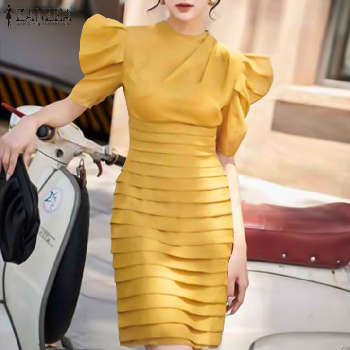 ZANZEA Korean Style Women's Dresses Elegant Short Sleeve Round Neck ...