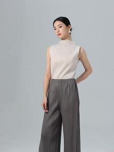 7271 One Size (45-75kg) Casual Pants WomenS Summer Temperament Mid-Waist Pleated Long Stitching Straight-Leg Trousers