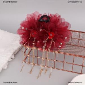 [COD] SweetBabiese Trendy Sweet Mesh Flower Tassel Hair Claw Elegant Temperament Large Shark Hair Clip Women Headwear Hair Accessories