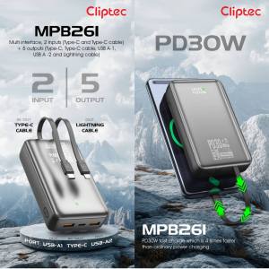 CLIPTEC MPB261 20000MAH PD30W FAST CHARGING POWER BANK WITH TYPE-C AND LIGHTNING CABLE