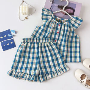 Gấu lãnh đạo 2025 mới mùa hè bé gái ngọt ngào dễ thương Bộ quần áo hoa lưới bay tay áo + quần short xù 2pcs trang phục trẻ em mặc giản dị