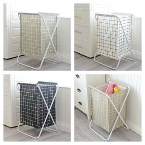 Giỏ sọt vải cỡ lớn đựng đồ giặt quần áo bẩn có chân khung trụ sắt xếp gọn vải chống thấm mẫu sọc caro nhiều màu
