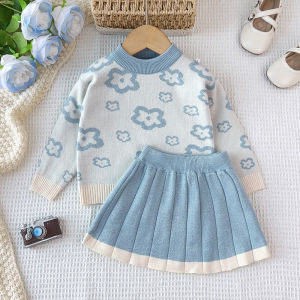 Gấu Lãnh Đạo Bộ quần áo Mới Cho Áo len trẻ em Mùa Đông Trang Phục Giản Dị đan hoa Áo Thun Top Và váy xếp ly 2Pcs Quần Áo Cho Trẻ Em Của Thời Trang Dệt Kim Trang Phục 3-7 Năm