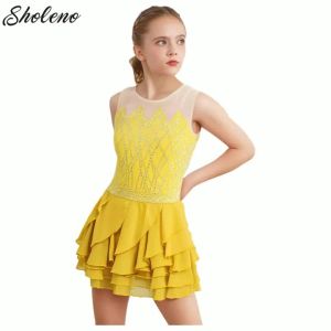 Kids Girls Ballet Dance Tiered Skirts Dress Rhinestones Gymnastics Leotard Sleeveless Jazz Figure Skating Competition Costume2026