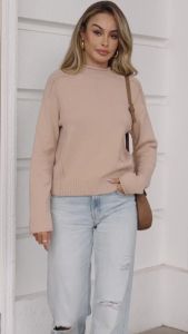 Saodimallsu  Womens Short Sweater Long Sleeve Turtleneck Soft Knitted Casual Loose Autumn Pullover Sweater Top