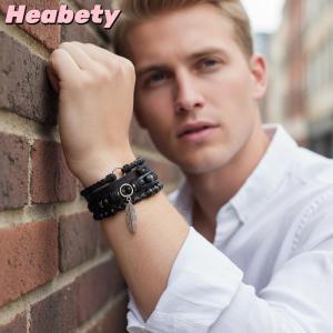 Heabety Set Braided Wrap Leather Bracelets Bangle For Men Vintage Feather Rudder Charm Wood Beads Ethnic Tribal Wristband Rope Bracelet