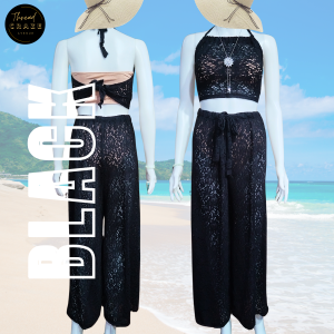 Thea Elegant Floral Lace Halter Top and Wide-Leg Pants Beach Cover Up Set for Women
