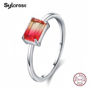Sylarose Pure 925 Sterling Silver Rainbow Tourmaline Emerald Cut Female Rings for Women Geometric Finger Rings Wedding Fine Jewelry