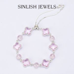 SINLISH Elegant Pink Crystal Bracelet Natural Crystal Korean Fashion Jewelry