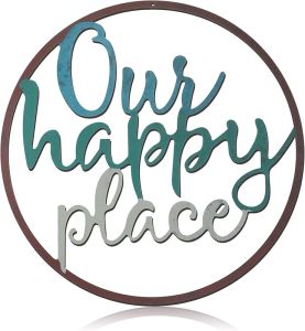 Our Happy Place Metal Wall Sign Metal Hanging Art Outdoor Plaque Wall Decor Lettering Home Sign for Home Living Room Bedroom Kitchen Shop and More(Classic StyleBlack)