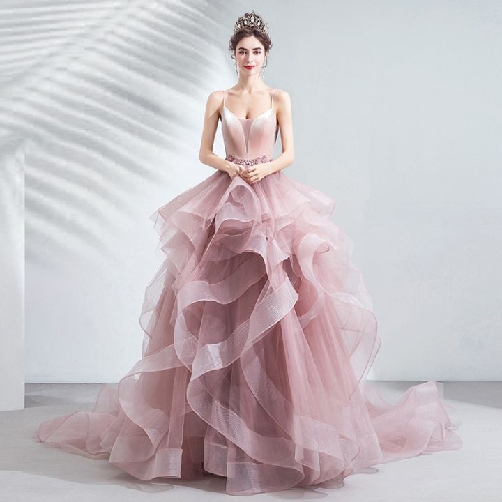 A Line V Neck Pink Tulle Prom Dress with Corset Back, Pink V Neck Form –  jbydress