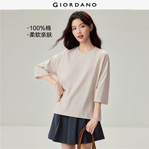 Giordano Beau Monde Women 100% cotton seam detail 3/4 sleeve loose tee Free Shipping 13326601
