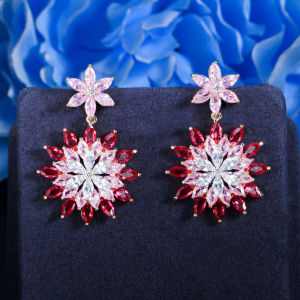 SEQUITO Korean Fashion Style Jewelry Pave Setting Leaves Pink White Cubic Zircon Crystal Sparkly Snow Flower Drop Earrings for Women Girl Birthday Party SE539
