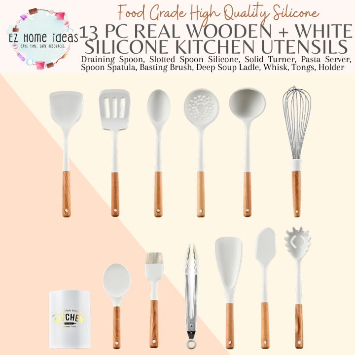 EZ Home Ideas White Silicone + Wooden Kitchen Utensils per piece ...
