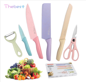 6PCS Kitchen Knife Set Corrugated Colorful Stainless Steel Cleaver Scissor
