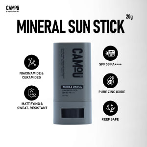 20g Camou Invisible Mineral Sunscreen Stick SPF50 PA ++++ Zinc Oxide Reef Safe Niacinamide Ceramides Mattifying Water & Sweat Resistant Fragrance Free Sun Stick