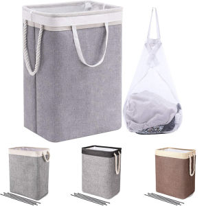NINEONE Foldable Laundry Basket Cotton Linen Laundry Hamper Clothes Toy Home Storage Basket With Tube Support Extended Handles Home Organization