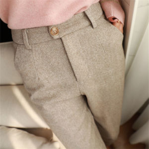 Herringbone Harem Pants Womens Woolen Pencil Pants Autumn and Winter High Waist Office Lady Casual Suit Pants Dress Trousers