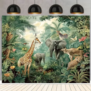Ready stock sa local warehouseNew jungle animal theme photography backdrop with giraffe elephant and lion prints for childrens party decoration